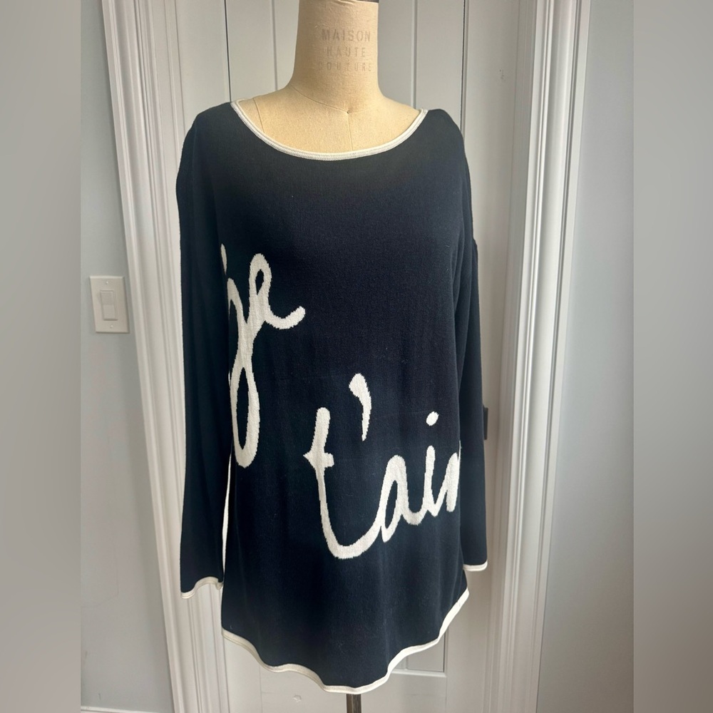 Catherine Malandrino Navy Blue and Cream Script Long Sleeve Sweater Size M
